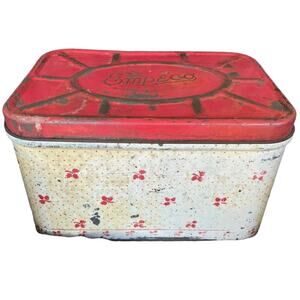 Vintage Metal Bread Box Tin Red White Hinged Floral Primitive Empeco Farm MCM